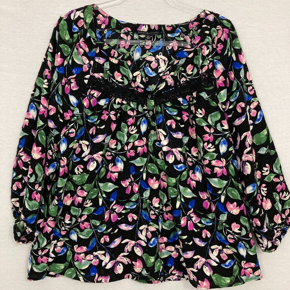 Adrienne Vittadini Black Multi Color Floral V Neck Lace Detail Popover Blouse XL
